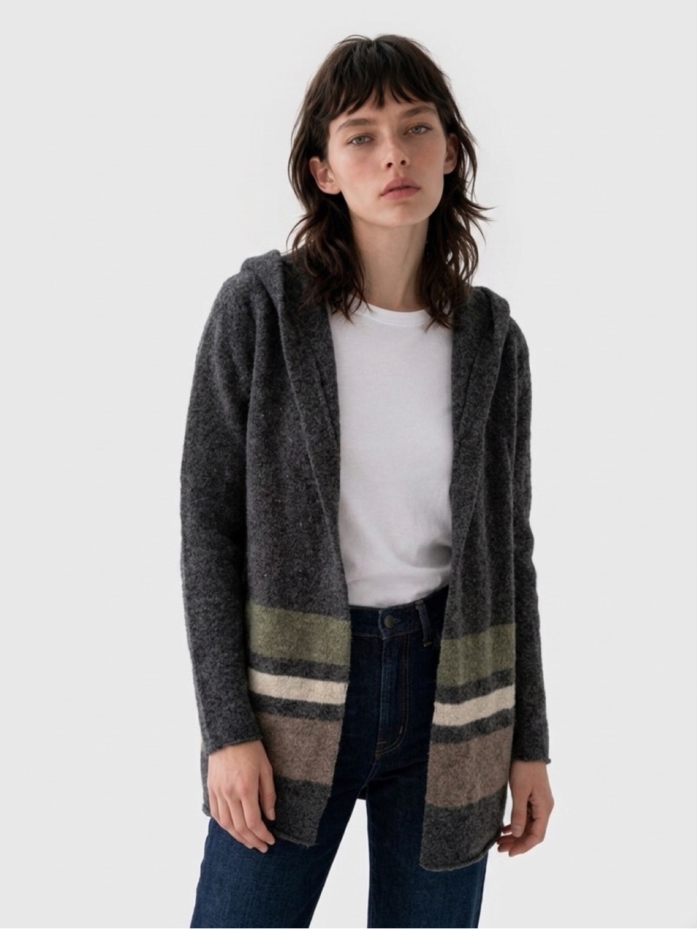 Toad&Co Merino Heartfelt Hoodie Cardigan XS Boiled Lambswool Open Front Stripe